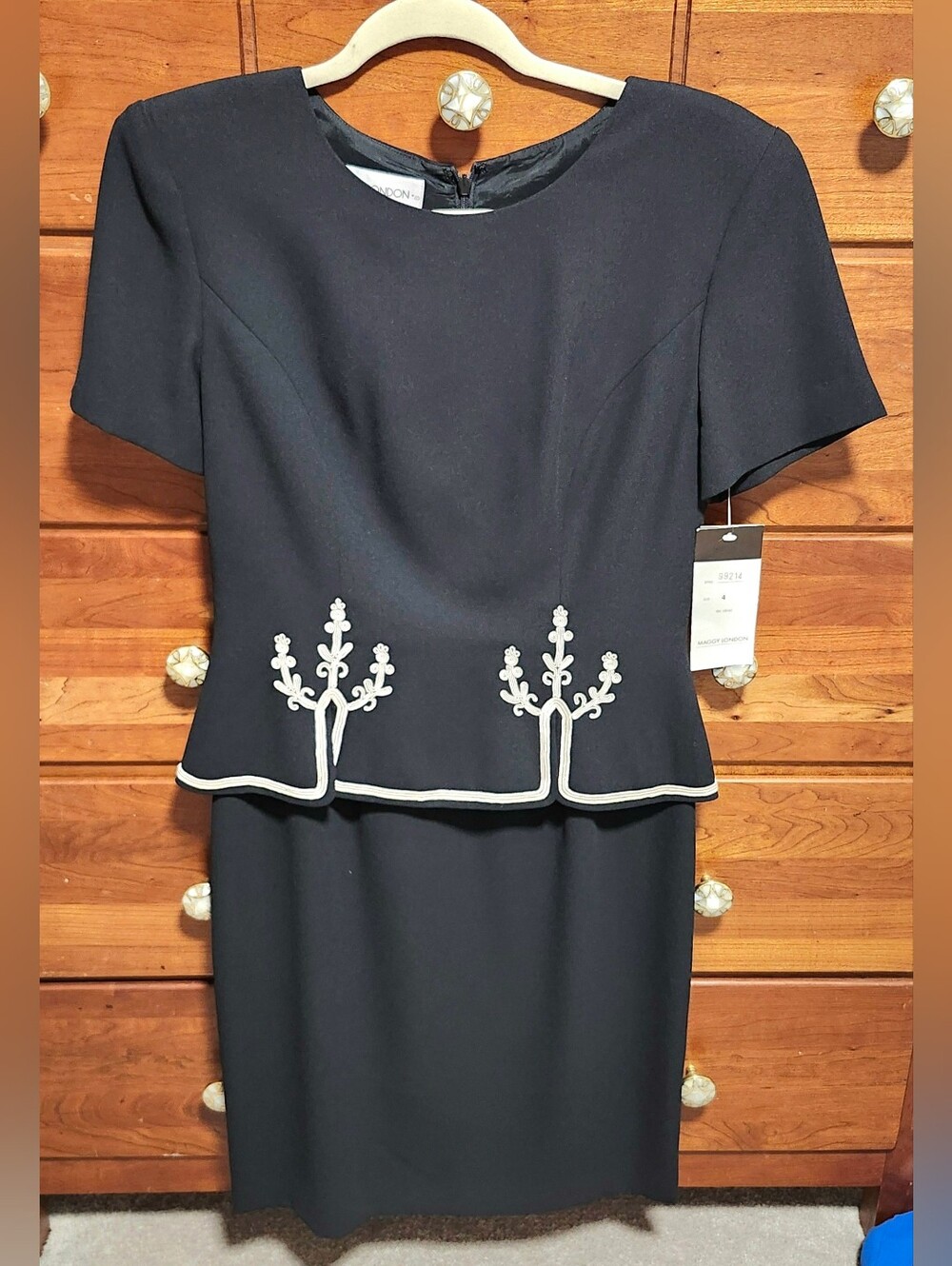 Maggy London Classy Black Sheath Dress Tan Trim and Embroidered Accents Vintage